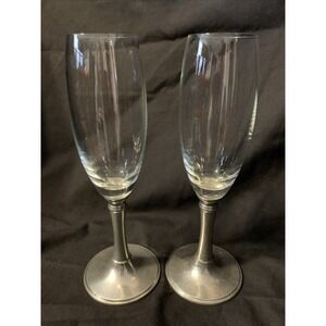 A Pair of Champagne Flutes with Pewter Base 8 -‎ 1/2 in Tall